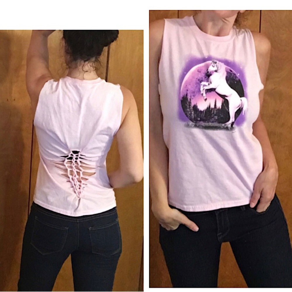 Horse Upcycled tee tank cutout shredded small s pink purple sparkle unicorn
